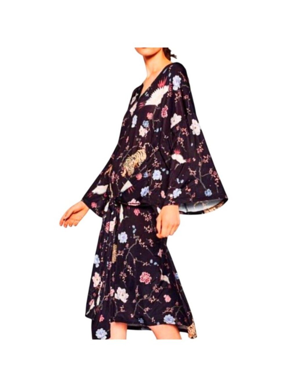 Zara Trafaluc Wrap Dress S Kimono Sleeves Asian Oriental Cranes Floral Tiger